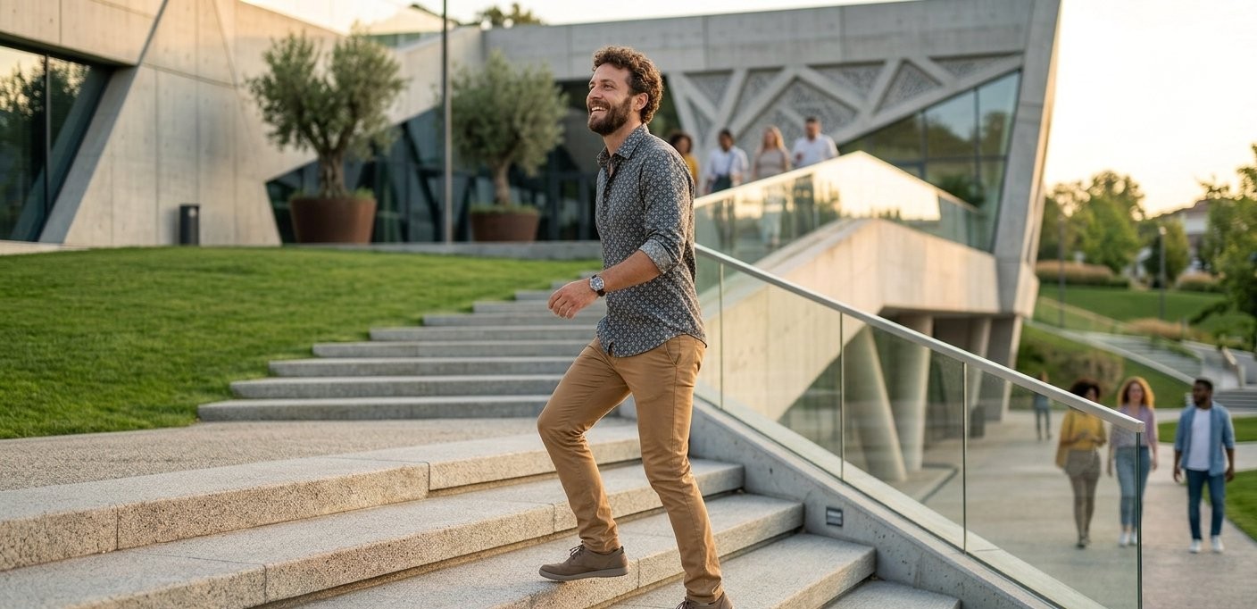 Man Happily Taking Steps
