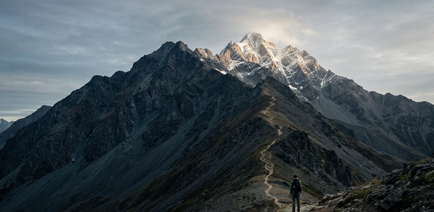 Man Taking Step To Climb Mountain