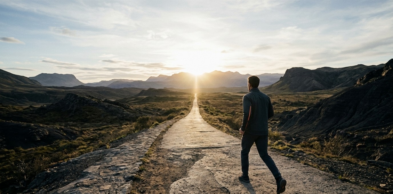 A person walking confidently toward a bright horizon, symbolizing taking action and turning goals into reality.